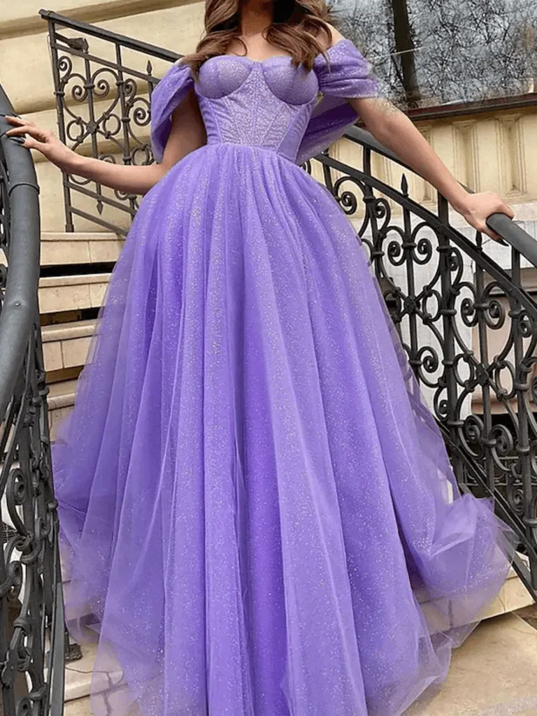 Off Shoulder Formal Dress Purple Sequin Tulle Prom Dress UK sold by My Chic Dress product image thumbnail 2