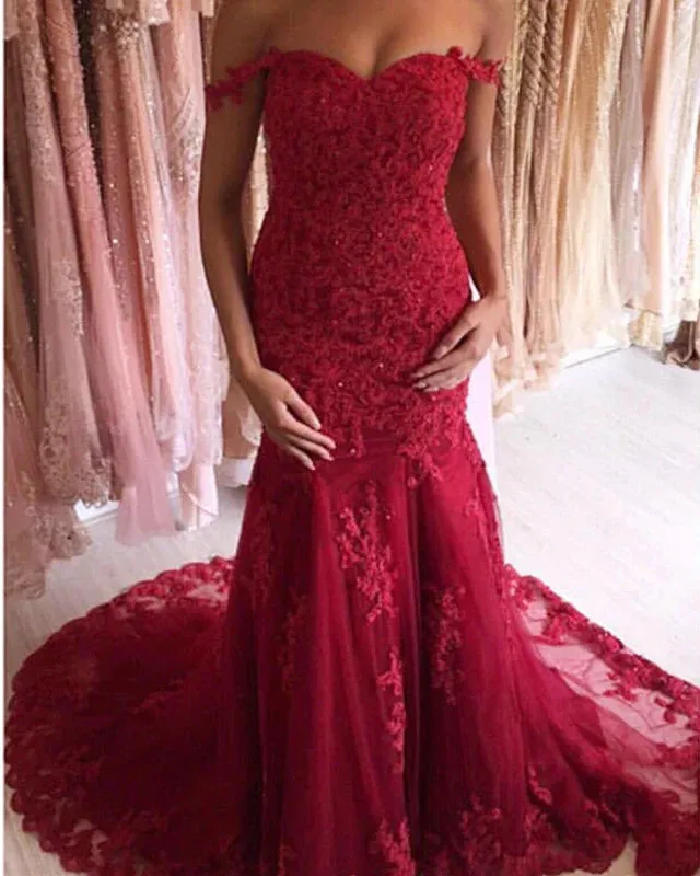 Off-Shoulder Red Evening Dress Uk Mermaid Lace Prom Dress UK sold by My Chic Dress