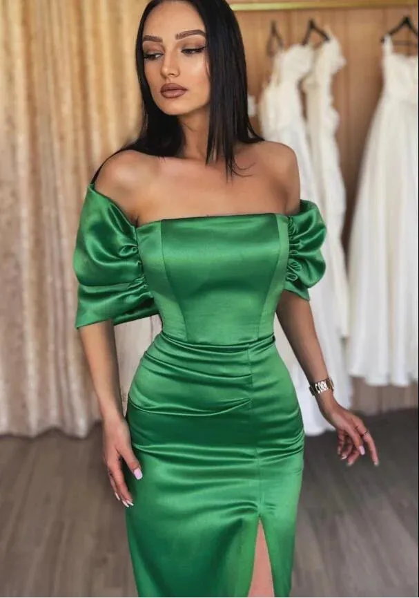 Green Evening Dress Off-Shoulder Satin Wedding Guest Dress With Split sold by My Chic Dress product image thumbnail 2