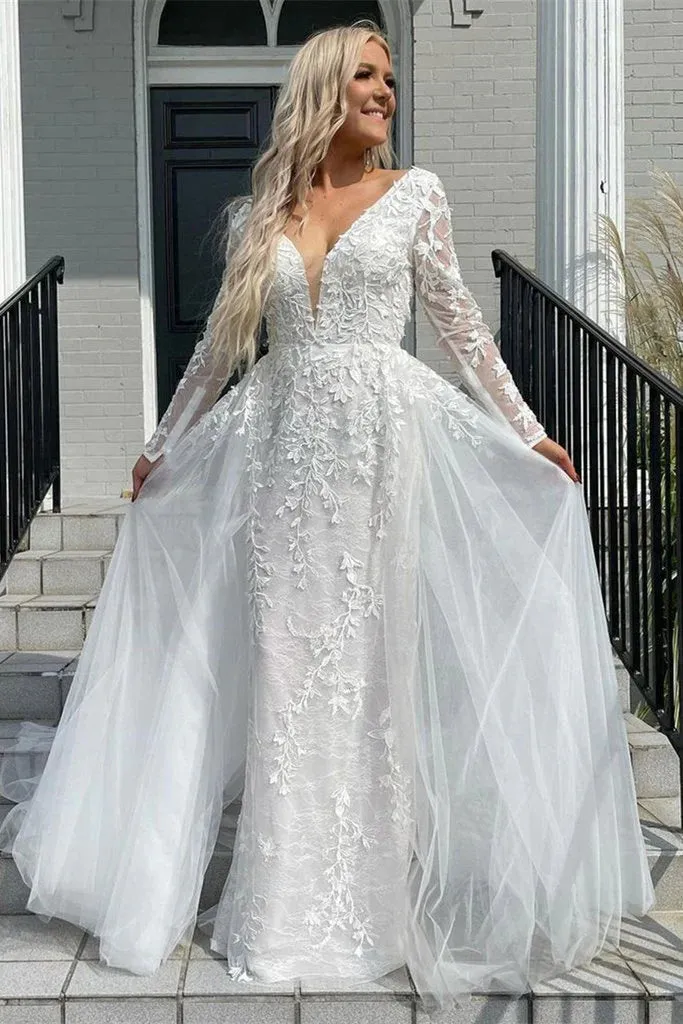 New Summer Lace Wedding Dress UK Long Sleeves Deep V-neck sold by My Chic Dress