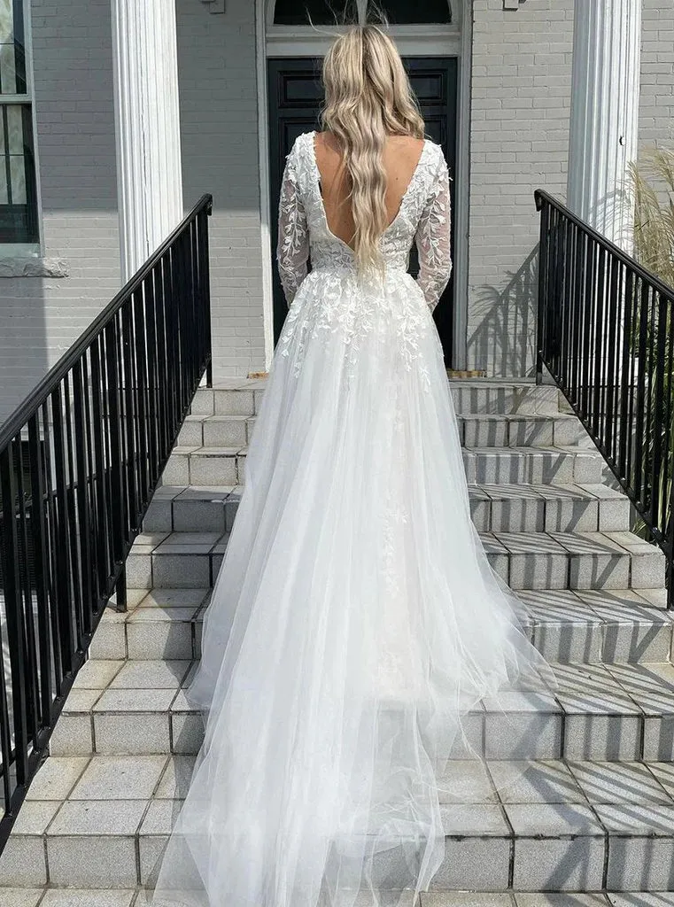 New Summer Lace Wedding Dress UK Long Sleeves Deep V-neck sold by My Chic Dress product image thumbnail 2