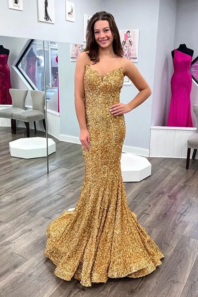 Gorgeous Gold Sequin Prom Dress UK Cheap Long Mermaid Evening Dress sold by My Chic Dress