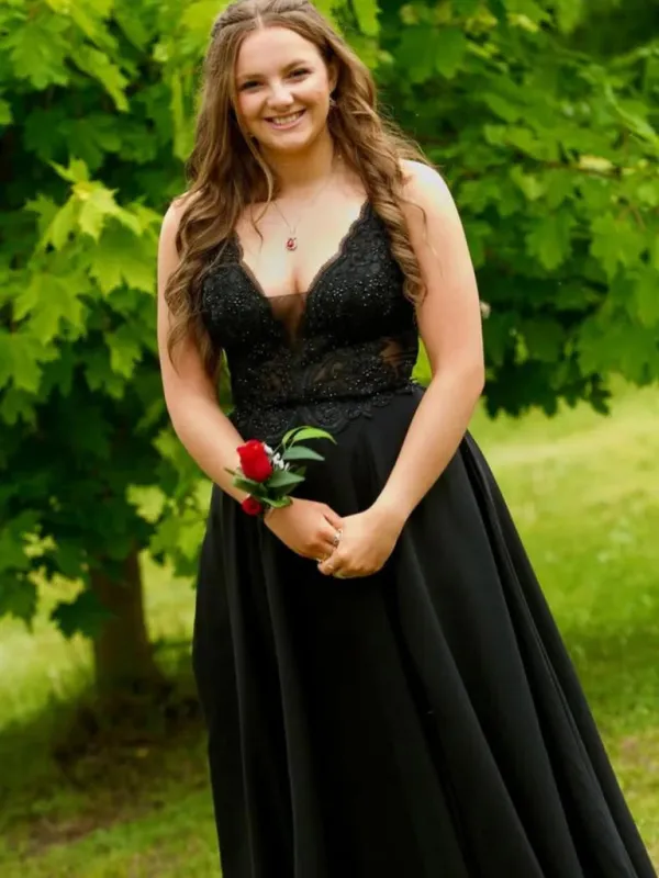 Plus Size Black Lace Evening Dress A Line V Neck Prom Dresses sold by My Chic Dress