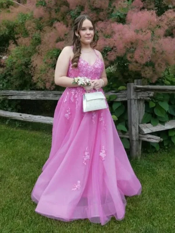 Hot Pink Lace Formal Dress Plus Size V Neck Long Evening Dress UK sold by My Chic Dress