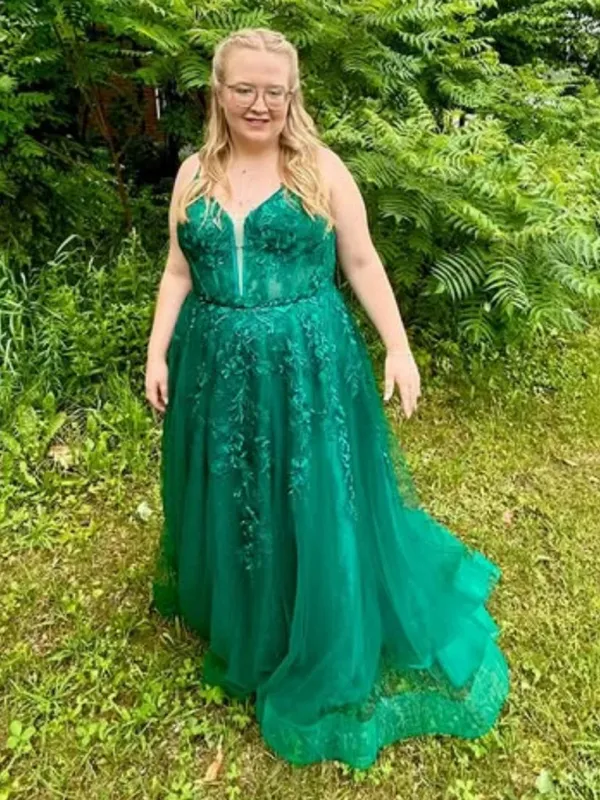 A Line Plus Size PromDresses Green Lace V Neck Open Back sold by My Chic Dress