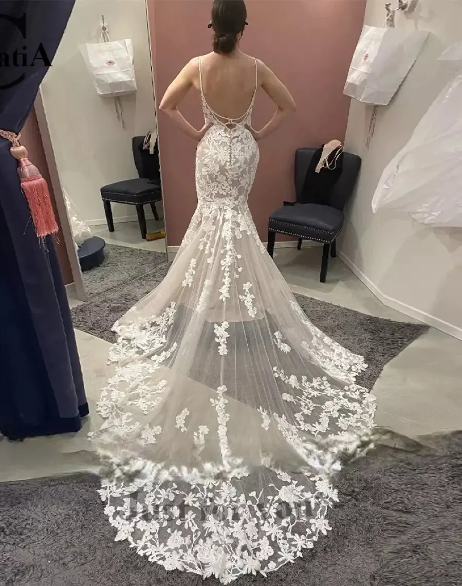 Mermaid Beach Lace Boho Wedding Dress UK Drop Waist Open Back sold by My Chic Dress product image thumbnail 5