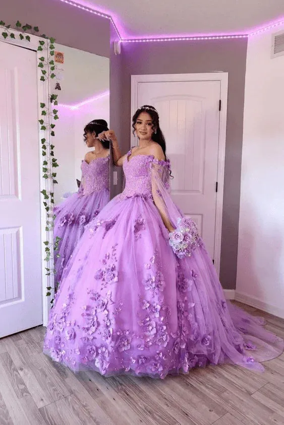 Princess Lilac Quinceanera Dresses 3D Flowers Ball Gown Tulle Dress sold by My Chic Dress