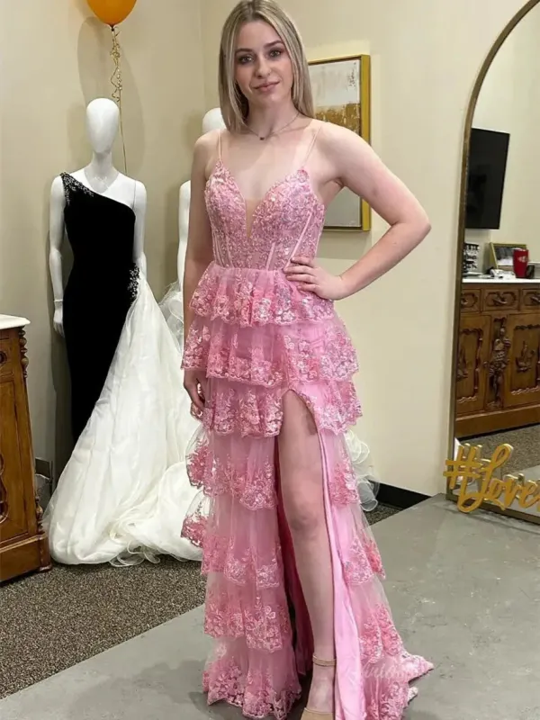Hot Pink Tiered Sequin Prom Dress V Neck Formal Dress with Slit sold by My Chic Dress
