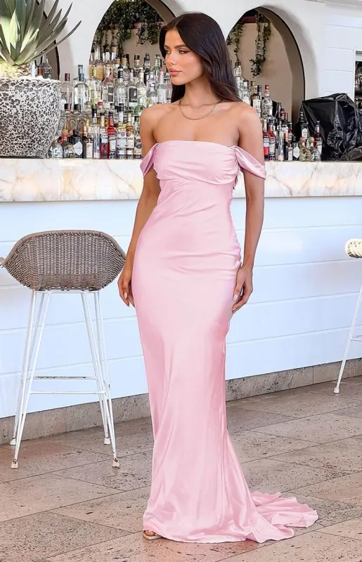 Off The Shoulder Satin Pink Evening Dress UK Floor length Mermaid sold by My Chic Dress
