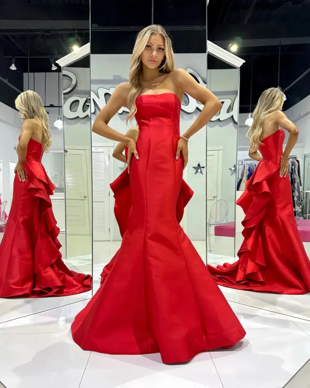 Strapless Red Satin Prom Dress UK Long Mermaid Formal Gown sold by My Chic Dress