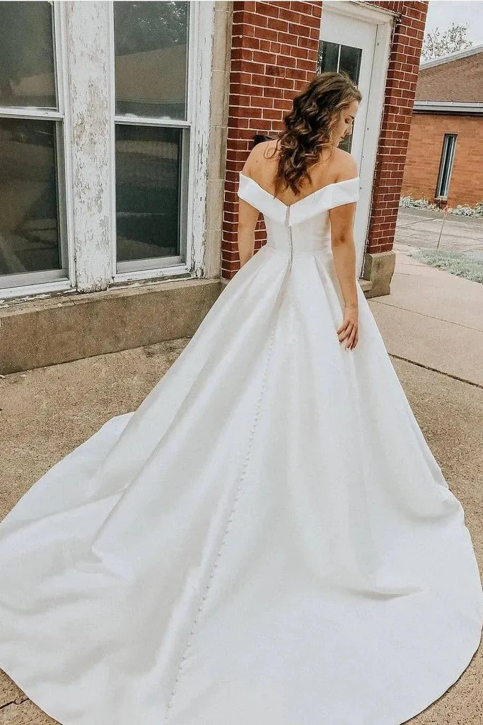 Simple Off the Shoulder Satin Beach Wedding Dress with Button train sold by My Chic Dress product image thumbnail 2