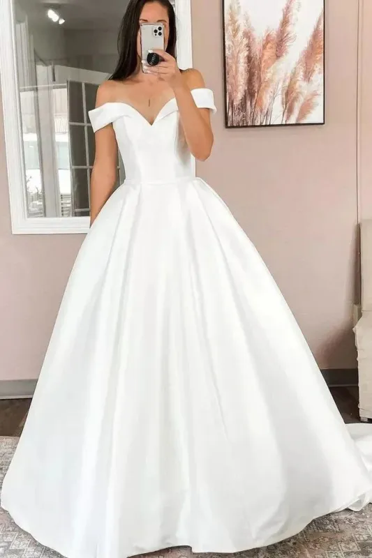 Simple Off the Shoulder Satin Beach Wedding Dress with Button train sold by My Chic Dress