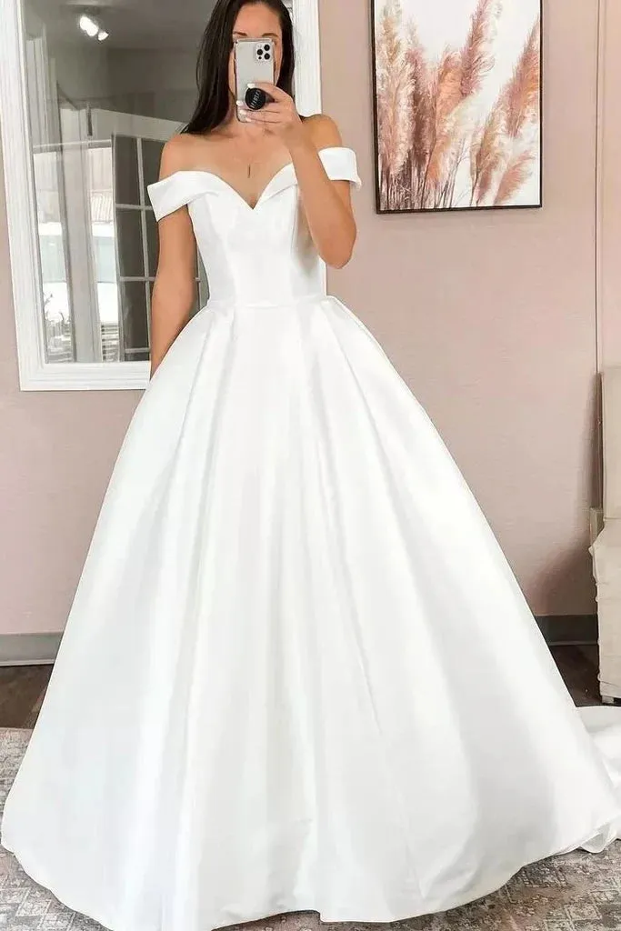 Simple Off the Shoulder Satin Beach Wedding Dress with Button train sold by My Chic Dress