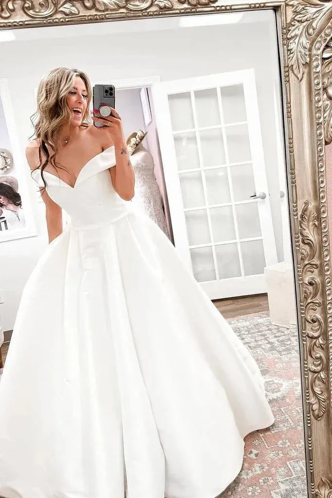 Simple Off the Shoulder Satin Beach Wedding Dress with Button train sold by My Chic Dress product image thumbnail 3