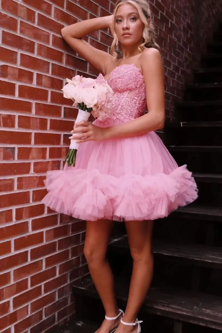 New A Line Lace Pink Homecoming Dresses with Ruffles Sweetheart sold by My Chic Dress
