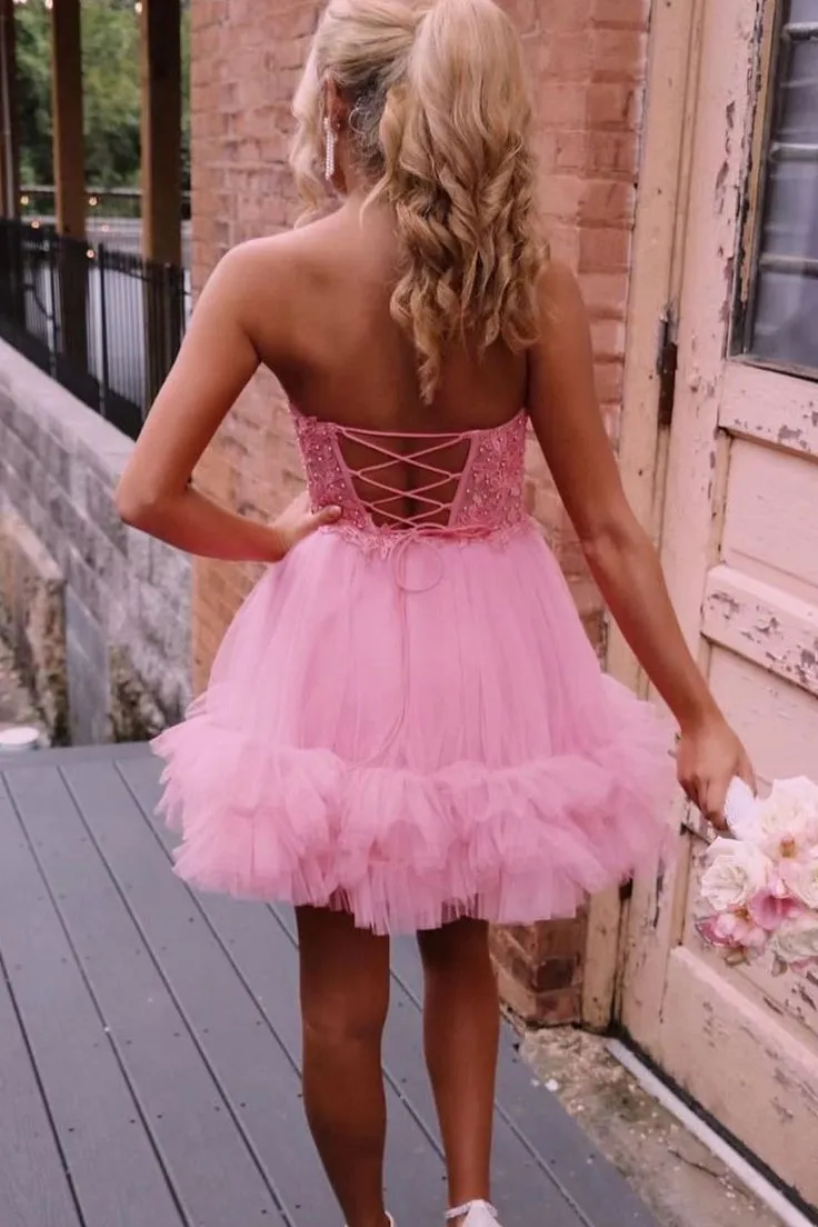 New A Line Lace Pink Homecoming Dresses with Ruffles Sweetheart sold by My Chic Dress product image thumbnail 2