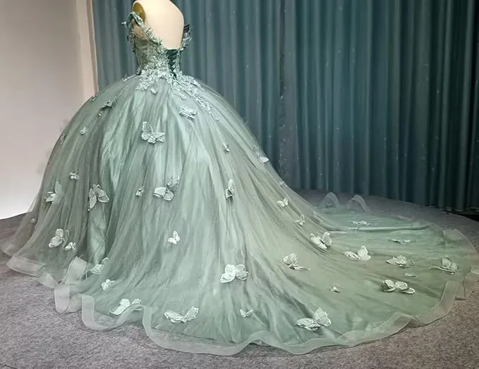 Ball Gown Off Shoulder Quinceanera Dresses Green with 3D Butterfly sold by My Chic Dress product image thumbnail 2
