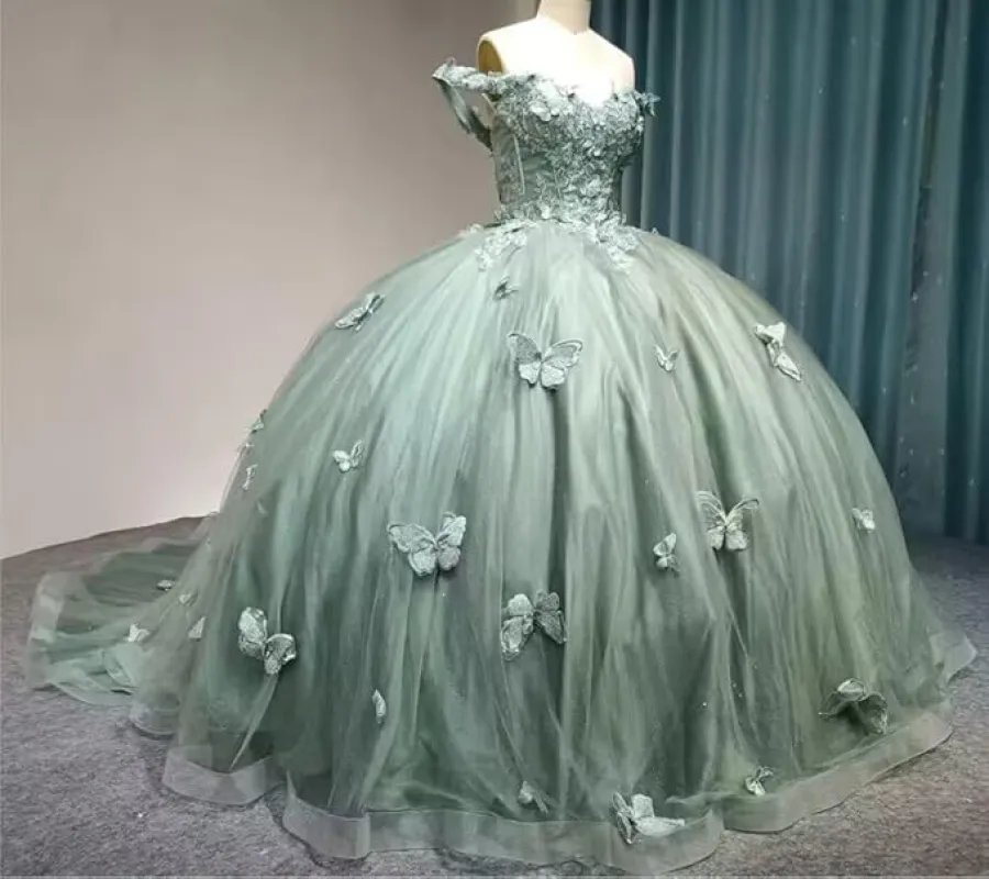 Ball Gown Off Shoulder Quinceanera Dresses Green with 3D Butterfly sold by My Chic Dress