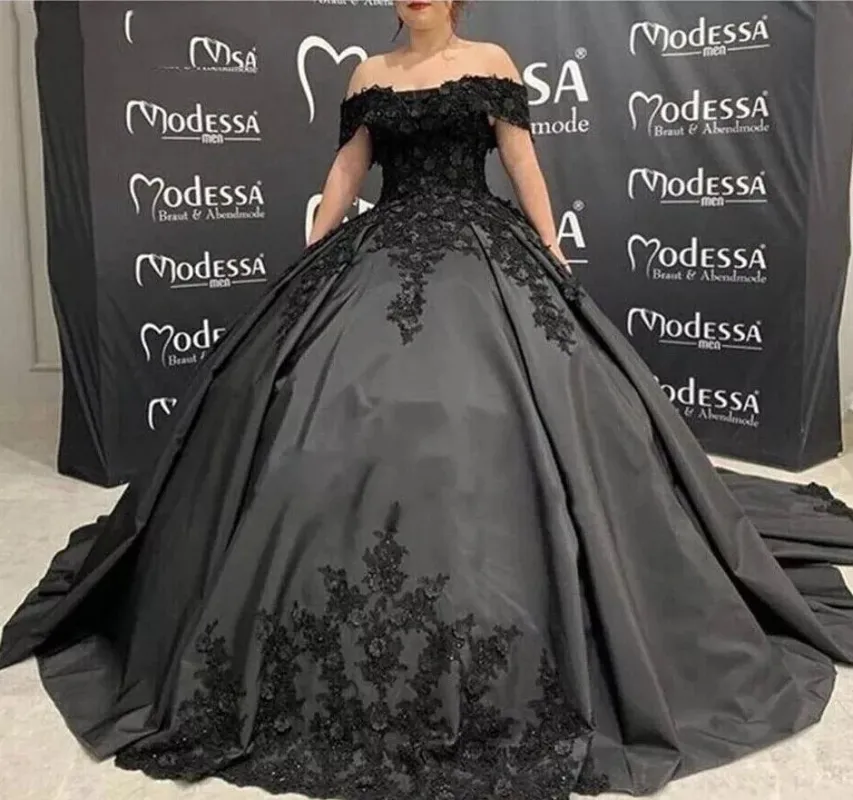 Satin Lace Corset Black Wedding Dresses Off Shoulder with Applique Beading sold by My Chic Dress