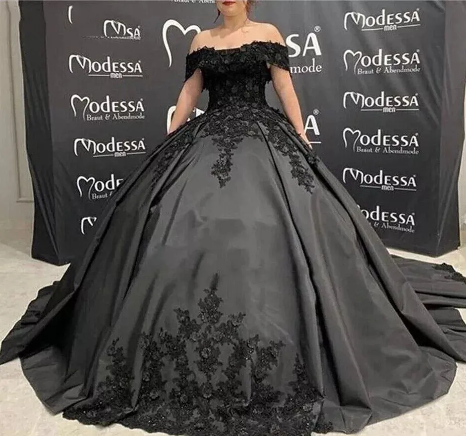 Satin Lace Corset Black Wedding Dresses Off Shoulder with Applique Beading sold by My Chic Dress