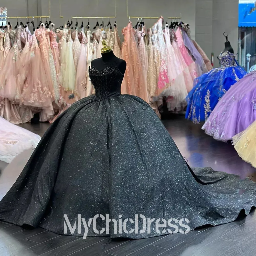 Black Glitter Sweet 16 Quinceanera Dress Corset Off Shoulder Birthday Gowns sold by My Chic Dress