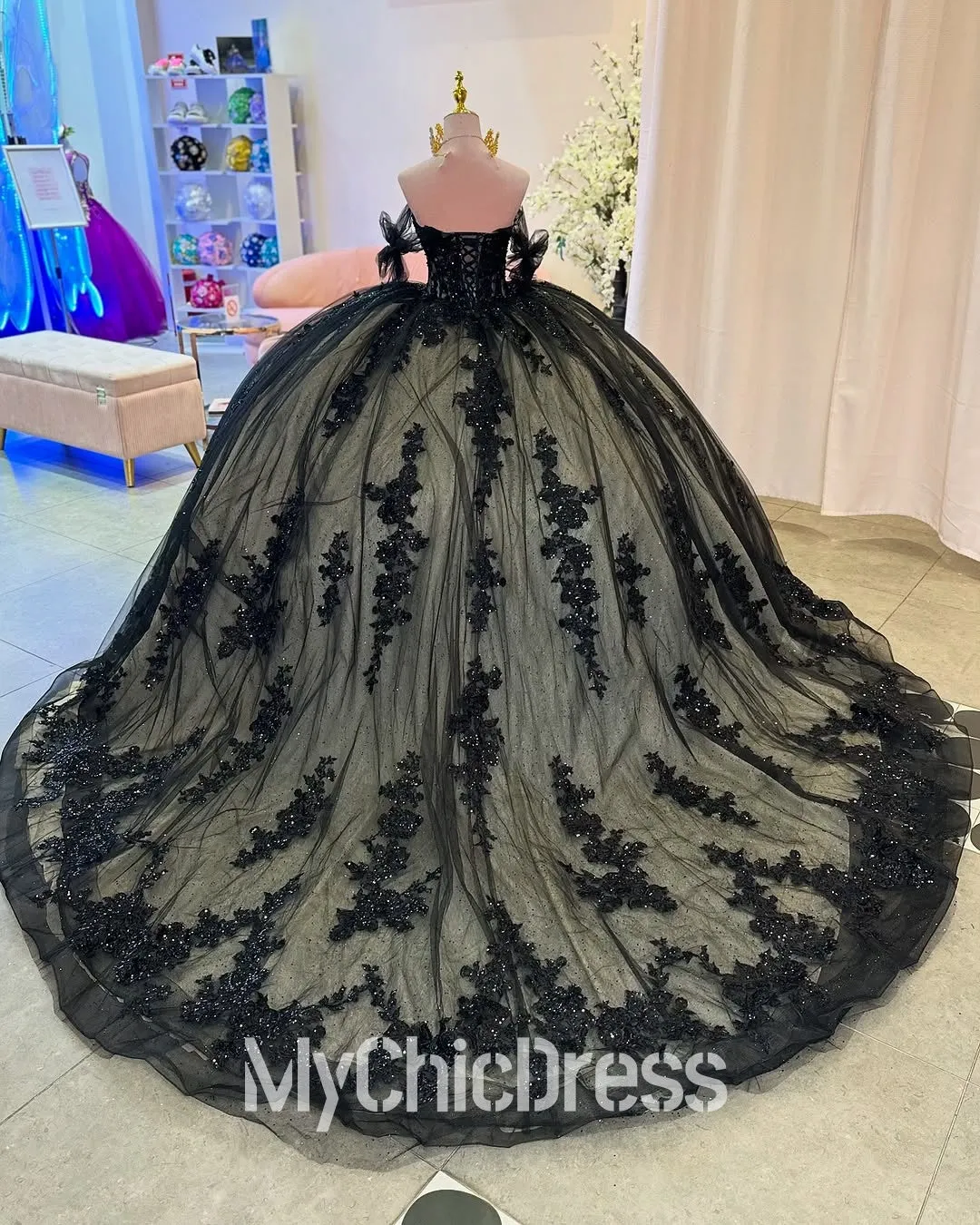 Girls Black Quinceanera Dresses for Sale Off the Shoulder Lace Applique sold by My Chic Dress product image thumbnail 3