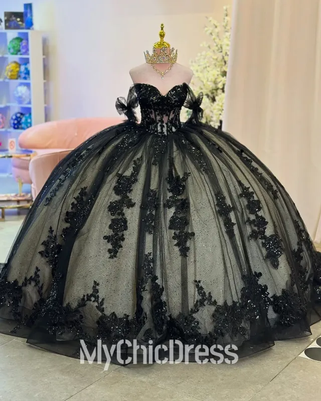 Girls Black Quinceanera Dresses for Sale Off the Shoulder Lace Applique sold by My Chic Dress