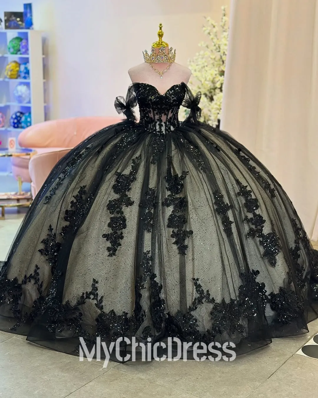 Girls Black Quinceanera Dresses for Sale Off the Shoulder Lace Applique sold by My Chic Dress