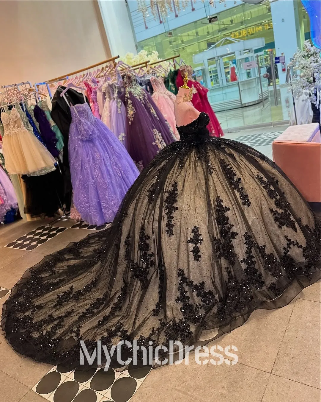 Girls Black Quinceanera Dresses for Sale Off the Shoulder Lace Applique sold by My Chic Dress product image thumbnail 2