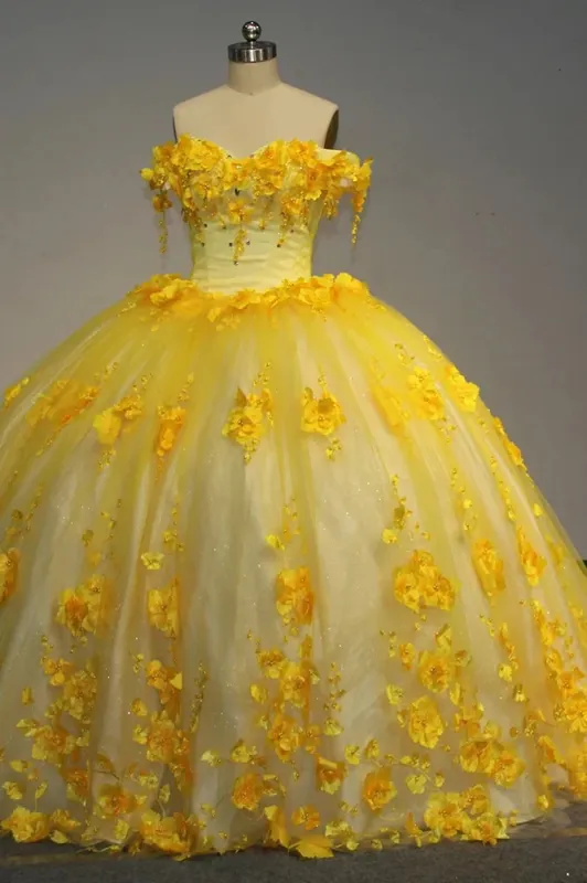 Girls Yellow Quinceanera Dress with Flowers for sale Off the Shoulder sold by My Chic Dress