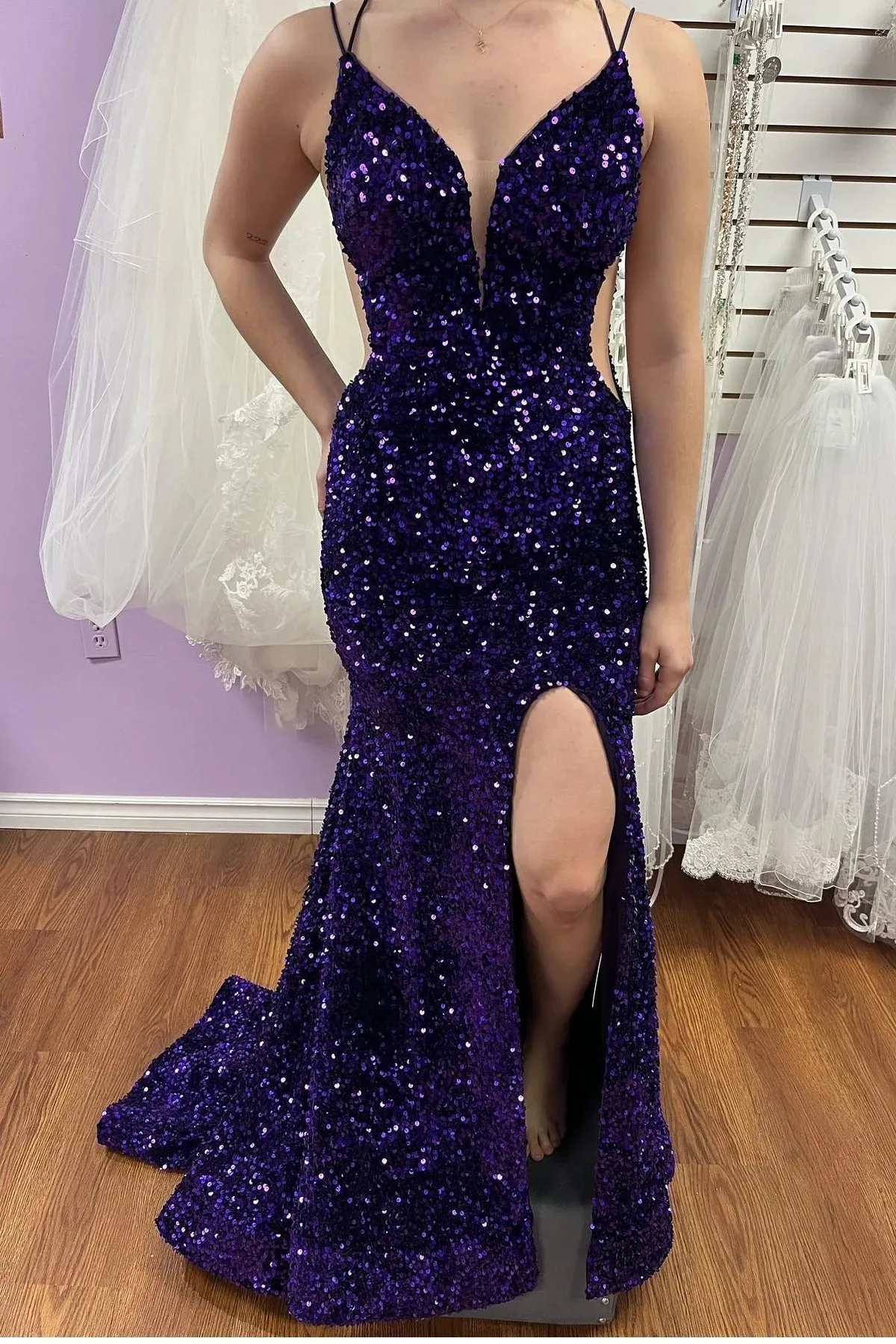 Long Purple Sequin Evening Gown UK Mermaid Straps Lace Up Back sold by My Chic Dress