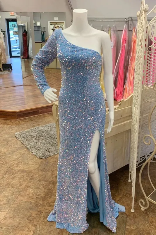 Light Blue Prom Dress Sequin One Shoulder Evening Gown Mermaid with Slit sold by My Chic Dress