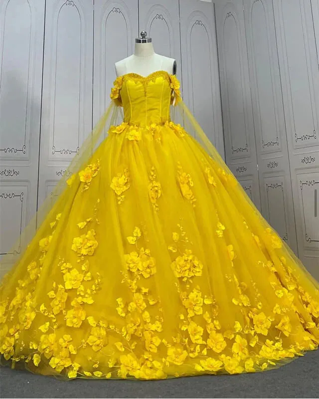 Ball Gown Yellow Sweet 16 Dresses 3D Flowers Beaded off the Shoulder With Cape sold by My Chic Dress