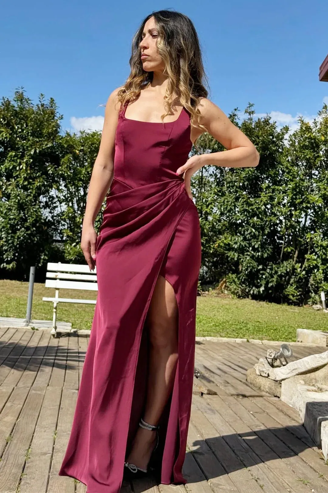 Burgundy Satin Formal Gown for Wedding Guests Maxi Dress Square Neck sold by My Chic Dress