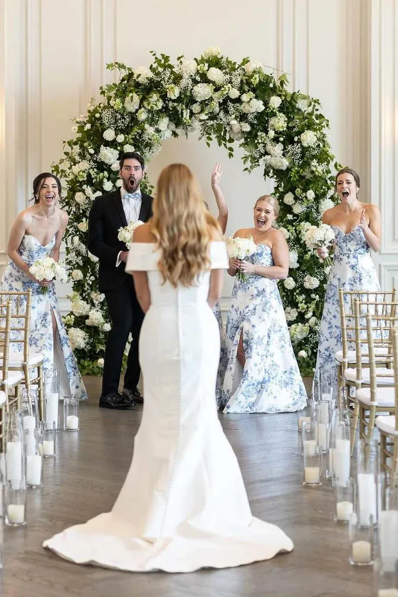 Strapless Blue Floral Bridesmaid Dress Printed Sleeveless with Slit sold by My Chic Dress product image thumbnail 3