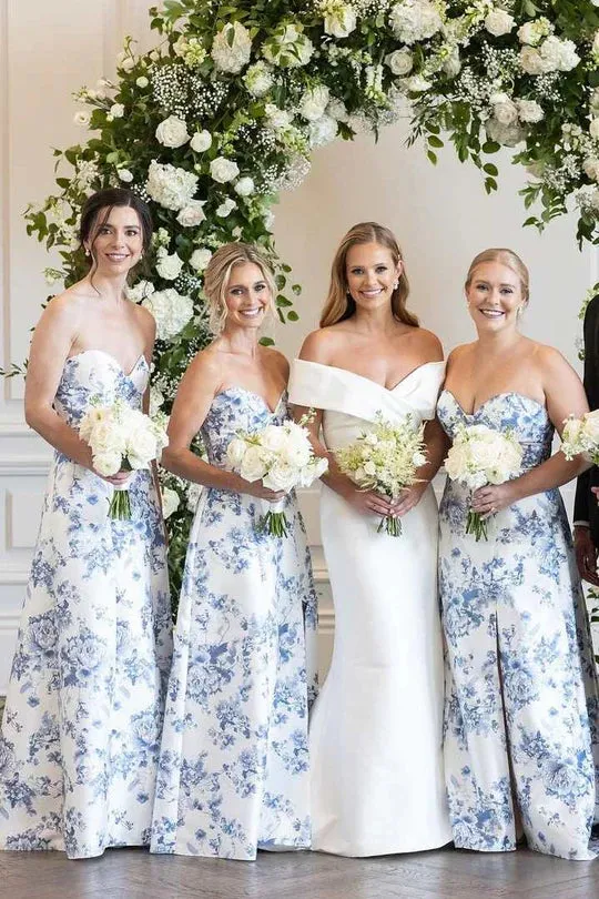 Strapless Blue Floral Bridesmaid Dress Printed Sleeveless with Slit sold by My Chic Dress