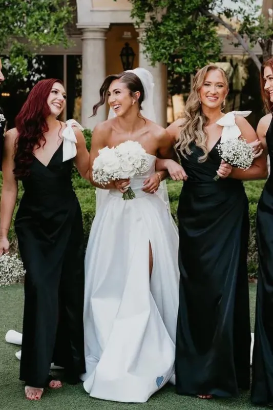 Cheap Black Satin Bridesmaid Dress V-Neck with Bow Straps sold by My Chic Dress