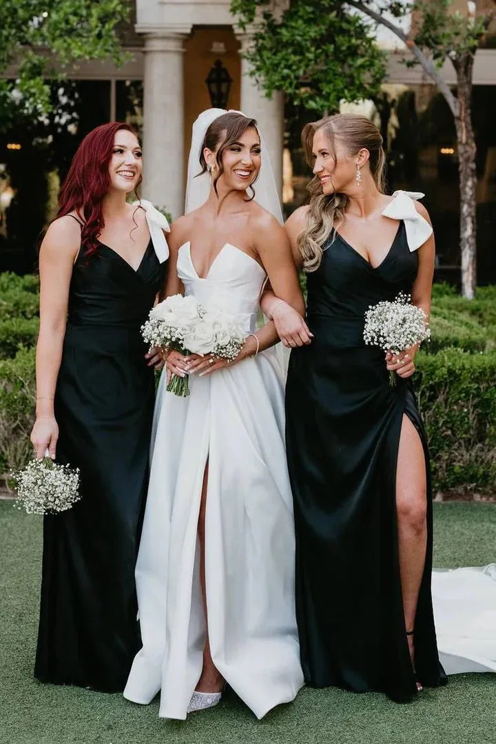 Cheap Black Satin Bridesmaid Dress V-Neck with Bow Straps sold by My Chic Dress product image thumbnail 2