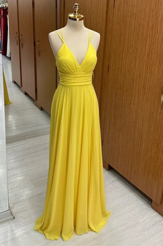 Chiffon Yellow V-Neck Bridesmaid Dress for Summer Wedding Cross Back sold by My Chic Dress