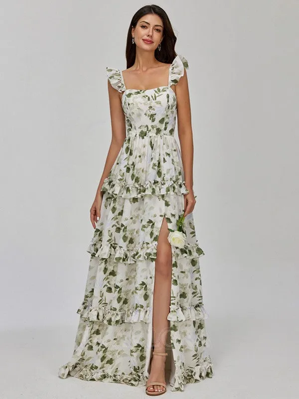 A Line Boho Floral Bridesmaid Dresses Green Chiffon with Ruffles sold by My Chic Dress