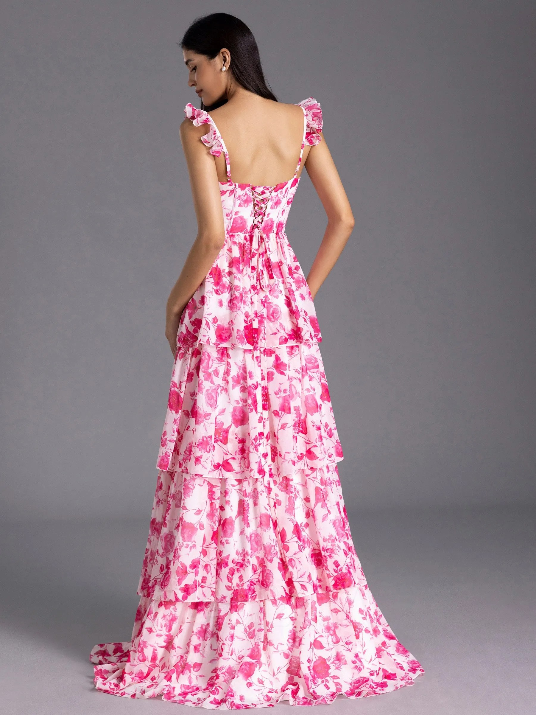 Modest Red Floral Printed Bridesmaid Dress A-line Ruffles Corset sold by My Chic Dress product image thumbnail 2