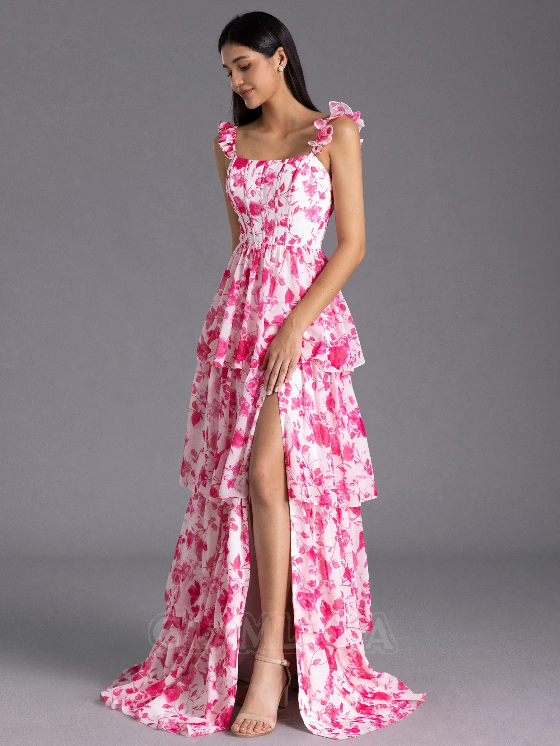 Modest Red Floral Printed Bridesmaid Dress A-line Ruffles Corset sold by My Chic Dress product image thumbnail 4