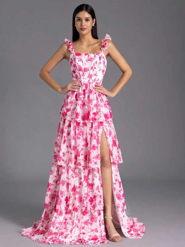 Modest Red Floral Printed Bridesmaid Dress A-line Ruffles Corset sold by My Chic Dress