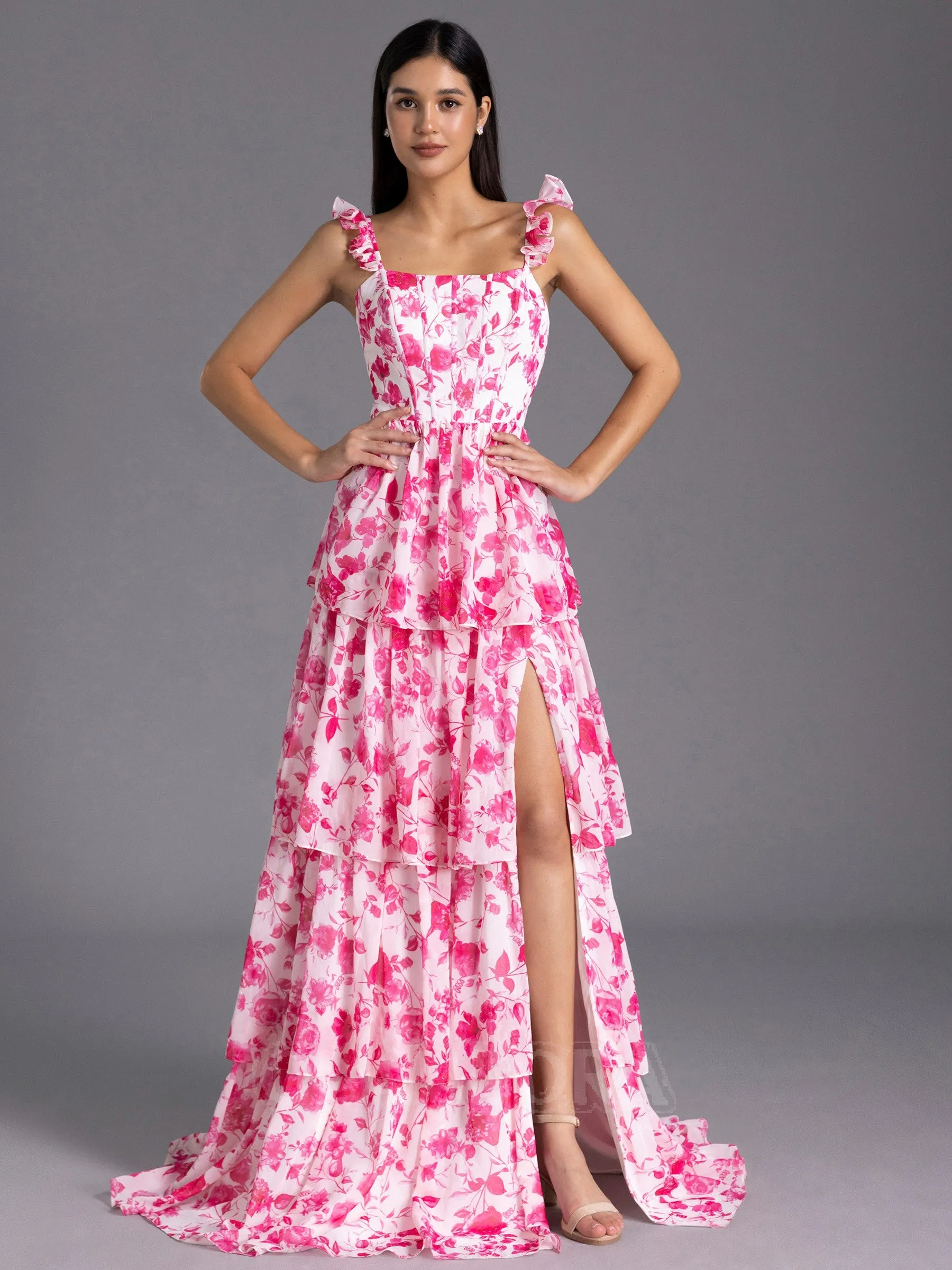 Modest Red Floral Printed Bridesmaid Dress A-line Ruffles Corset sold by My Chic Dress