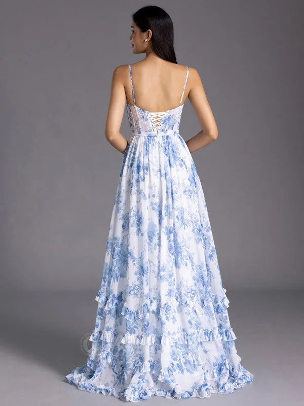 Floor Length Floral Blue Bridesmaid Dress Corset with Ruffles sold by My Chic Dress product image thumbnail 2