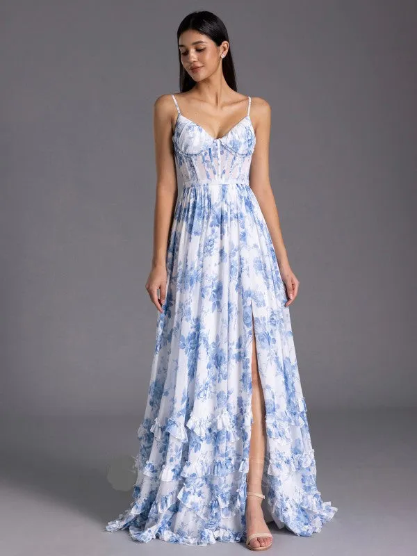 Floor Length Floral Blue Bridesmaid Dress Corset with Ruffles sold by My Chic Dress