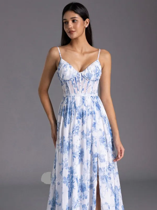 Floor Length Floral Blue Bridesmaid Dress Corset with Ruffles sold by My Chic Dress product image thumbnail 3