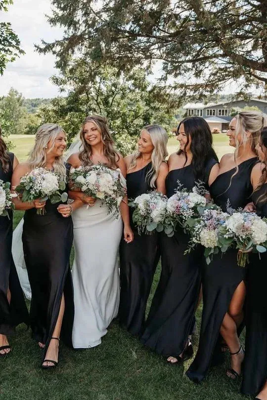 One Shoulder Bridesmaid Dress Black Satin Pleats Long Guest Dress with Slit sold by My Chic Dress