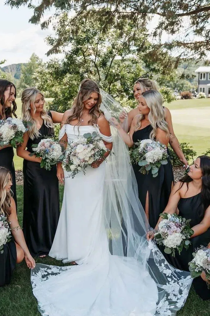 One Shoulder Bridesmaid Dress Black Satin Pleats Long Guest Dress with Slit sold by My Chic Dress product image thumbnail 3