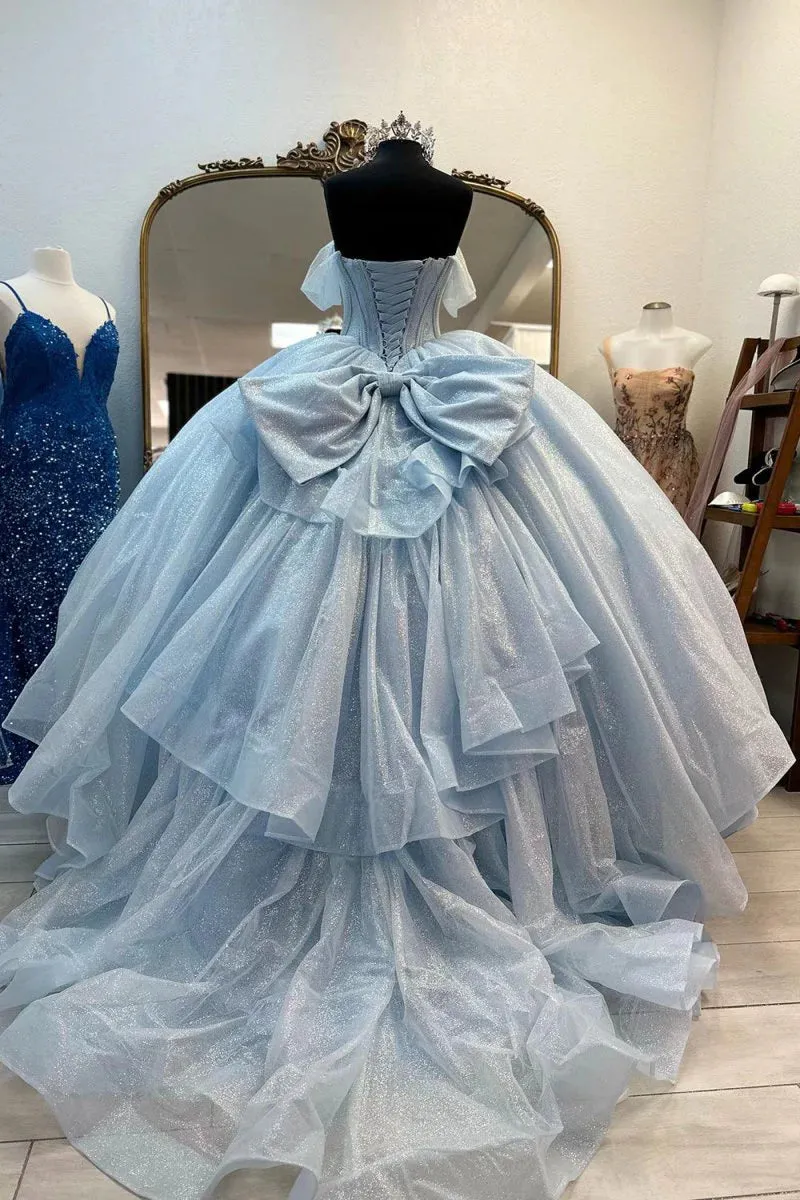 Glitter Light Blue Quinceanera Dress Corset Off the Shoulder 15 Dress with Bow sold by My Chic Dress product image thumbnail 2